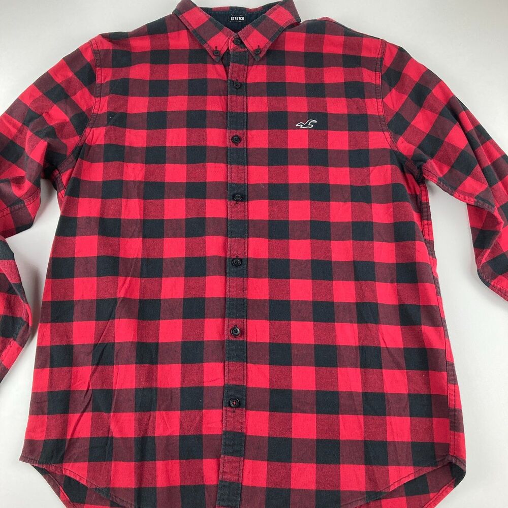 Hollister Epic Flex Mens M Flannel Shirt Red Black Buffalo Plaid Stretch
